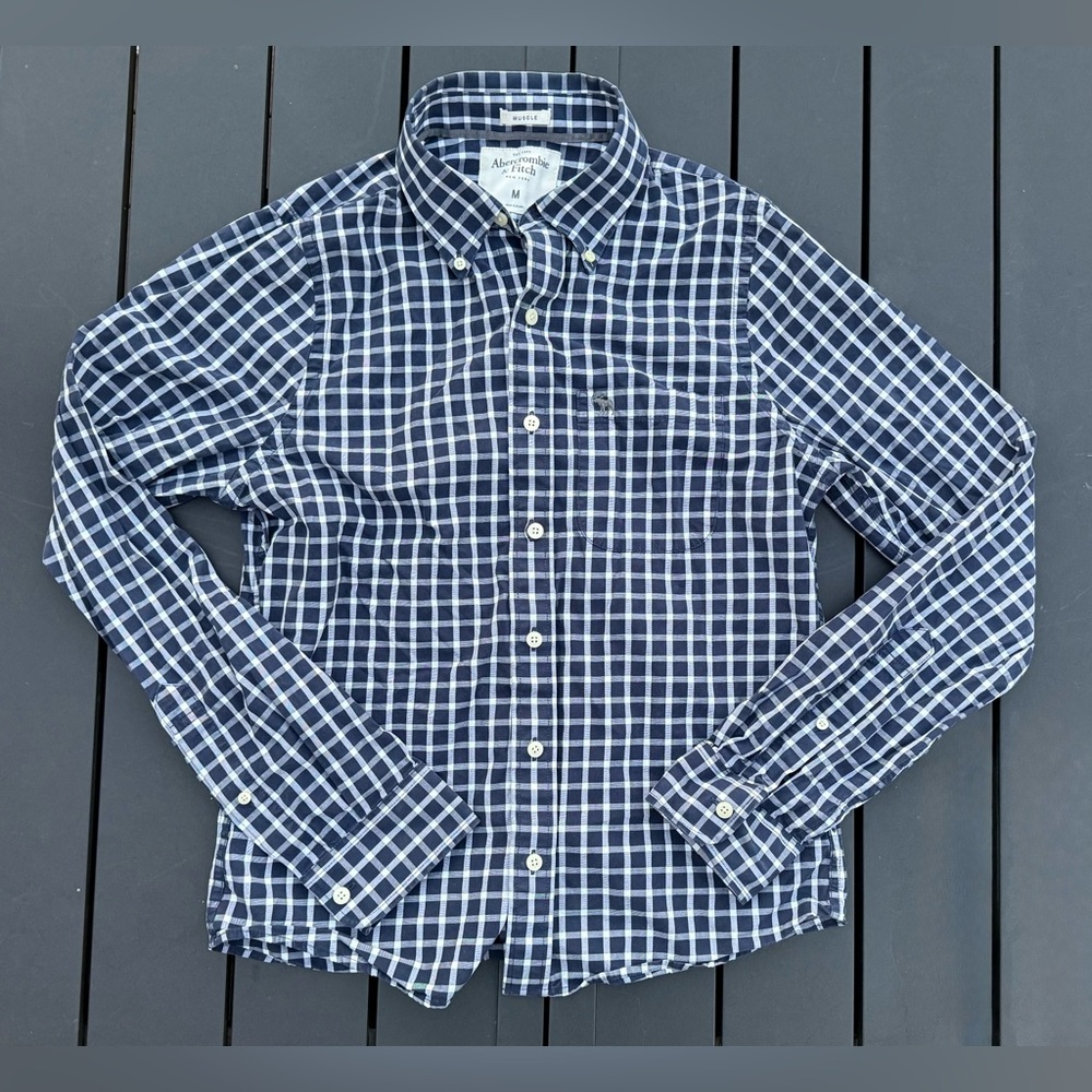 Abercrombie & Fitch Men’s Navy Windowpane Plaid Button Down Shirt Medium NWOT
